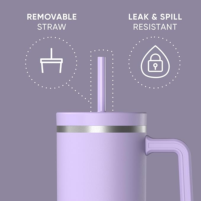 Hydrapeak Voyager 40 Oz Stainless Steel Tumbler with Handle, Insulated Water Bottle With Straw & Lid, Cupholder Friendly Reusable Travel Mug (Lavender)