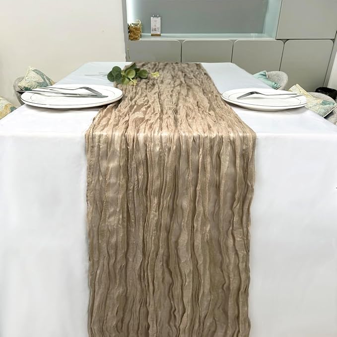 Booque Valley Nude Cheesecloth Table Runner 120 Inch 10ft Super Soft Boho Wrinkled Gauze Sheer Cloth for Baby Shower Birthday Bridal Shower Wedding Centerpiece Table Decoration, 3 Pack , Tan