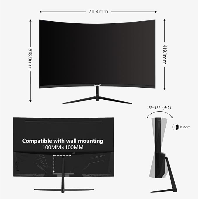 Gawfolk 32 inch 2K QHD(2560×1440P) 165Hz Curved Gaming Monitor,PC Screen, 1ms，FreeSync, 98% sRGB，178° Wide Viewing Angle，DisplayPort、HDMI, Wall Mount Compatible 100 * 100MM Wall - Black