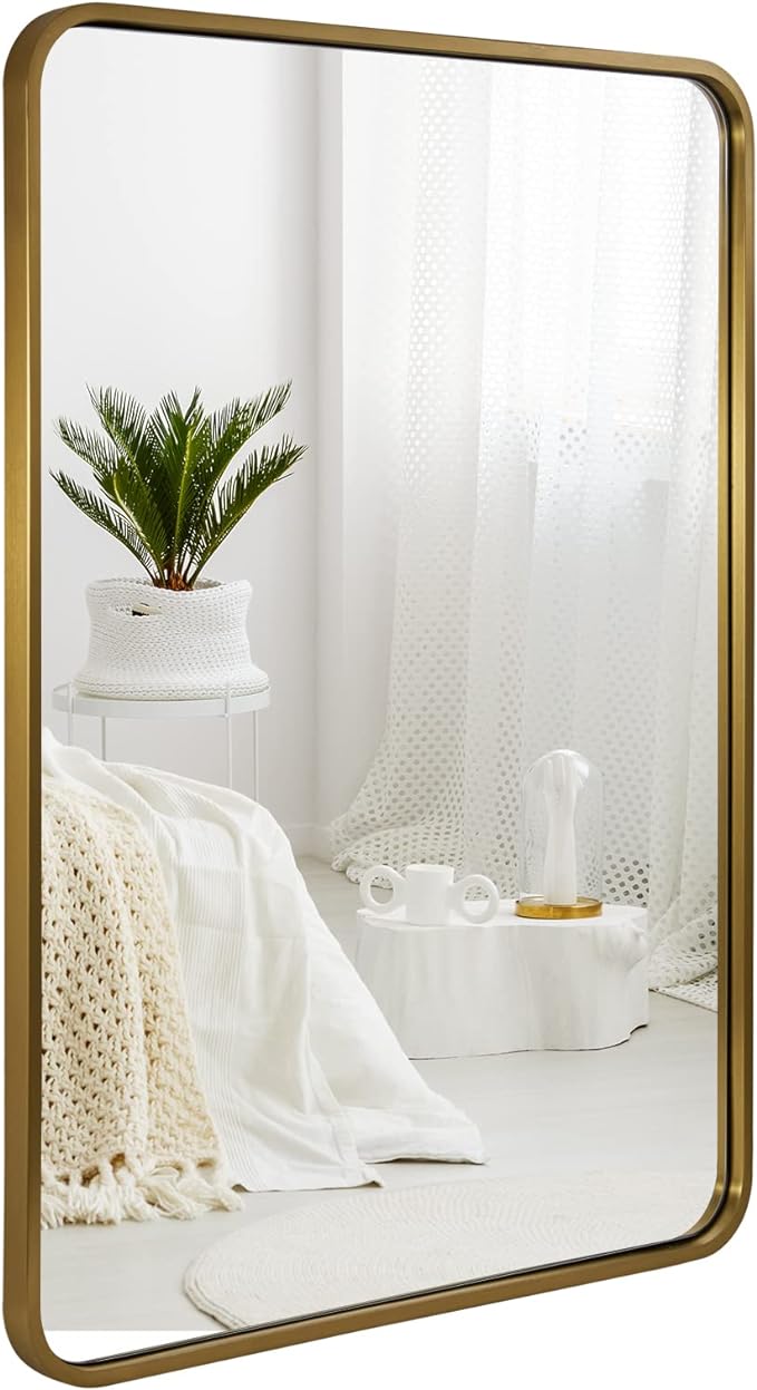 ANDY STAR Brass Mirror Bathroom, 22x30’’ Rounded Rectangle Mirror, Brushed Gold Bathroom Vanity Mirror Non-Rusting SUS304 Metal Tube Frame 1’’ Deep Wall-Mounted Mirrors Vertical/Horizontal