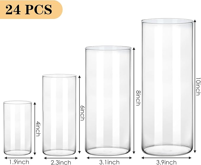 Fixwal 24pcs Clear Glass Cylinder Vases, 4, 6, 8, 10 Inch Tall Cylinder Vases for Centerpieces, Glass Flower Vase Floating Candle Holder Vase for Table Shelf, Party, Wedding, Home Decor
