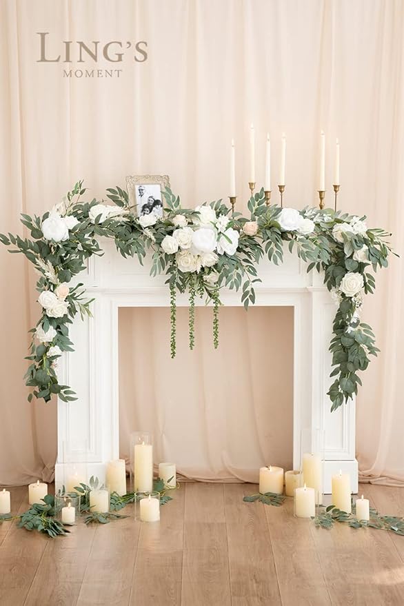 Ling's moment 9FT Spring Flower Garland for Backdrop Decorations - Wedding Arch Flowers, Eucalyptus & Rose, Artificial Floral Garland for Mantel - Sweetheart Table Decor for Reception, White & Sage