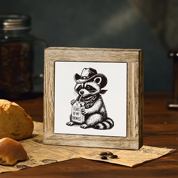 Funny Cowboy Raccoon Wooden Desktop Sign, “Tears of My Enemies” Trash Panda Wood Plaque Tabletop Decor, Western Animal Humor Decor for Home Office Shelf