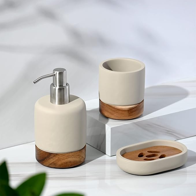 Bathroom Accessories Set 3 Piece Bath Ensemble Includes Soap Dispenser, Tumbler, Dish for Decorative Countertop & Housewarming Gift (Concrete with Acacia Wood)