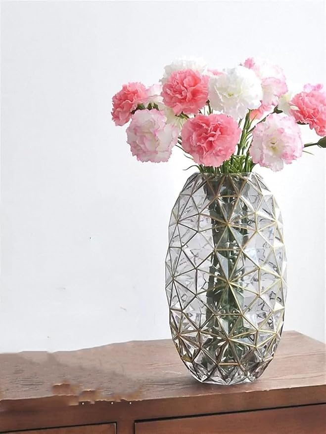 Hand Painted Gold and Grey Diamond Shaped Glass Crystal Vase 13.6 inch Tall,Modern Large Glass Home Office Decor for Living Room Dining Table Centerpieces, Birthday and Wedding
