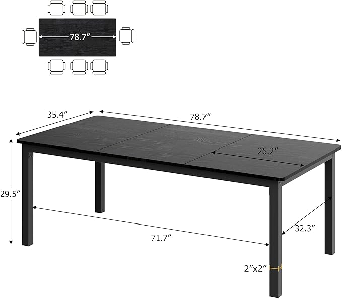 79 Inch Industrial Dining Table for 4-6 Person Rectangle Kitchen Table with Metal Legs,Round Corners, Writing Desk, for Modern Farmhouse, for Kitchen, Dining Room,Quick Assembly, Wood