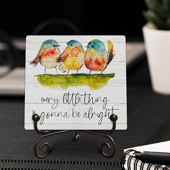 Uplifting Inspirational Gifts - Watercolor Birds Wooden Sign - Every Little Thing Is Gonna Be Alright - Rustic Farmhouse Decor for Shelf, Desk, Tabletop, 5x5 Inches -K17
