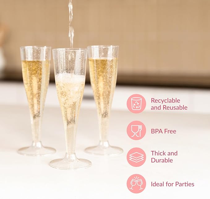 Prestee 200 Disposable Champagne Flutes Plastic 200 Pack - Silver Glitter Champagne Flutes for Weddings, Parties, and New Year’s Eve - 4.5 Oz Plastic Silver Party Glasses