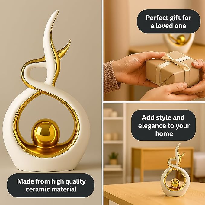 White & Gold Abstract Ceramic Ornament – Modern Decorative Sculpture for Living Room, Shelf & Coffee Table Décor – Minimalist Home Accent, Table Centerpiece Gift for Home Lovers