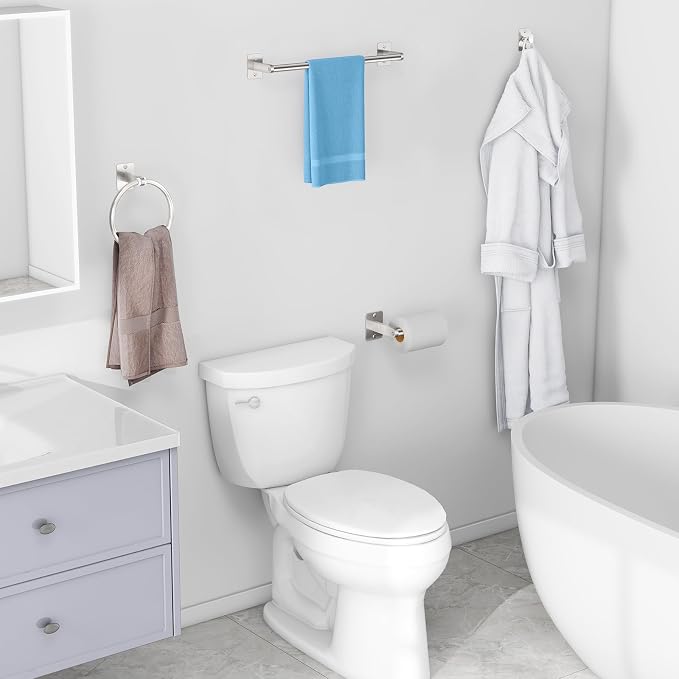 KLJKPA Brushed Nickel Bathroom Accessories Set, 4 Pieces Bathroom Hardware Set, 16 inch Towel Bar, Towel Racks for Bathroom, Robe Towel Hooks, Toilet Paper Holder Wall Mounted