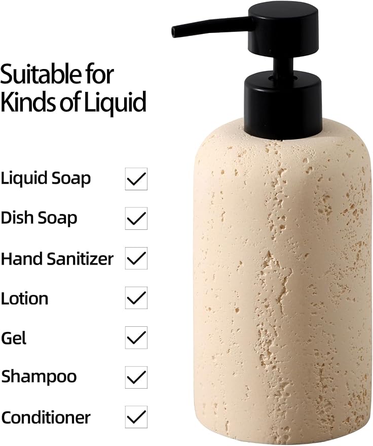 Soap Dispensers 340ML 11OZ, 2PCS Luxurious Hand Dish Shampoo Lotion Soap Dispenser Jar, Travertine Soap Pump Bottles for Kitchen Bathroom Countertop (Faint Yellow)
