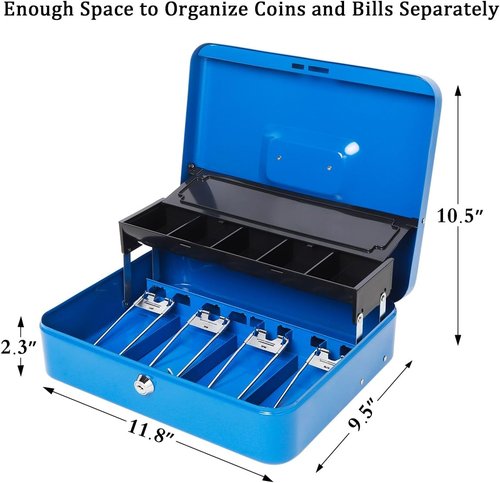 Jssmst Locking Metal Cash Box - Secure Money Storage with Key Lock | 11.8L x 9.5W x 3.5H Inches, Blue