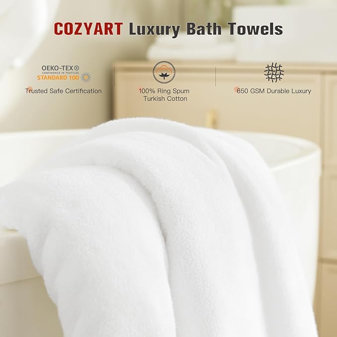 COZYART White Bath Towel Sets, Premium Turkish Cotton Large Towel Set for Bathroom, 650 GSM Luxury Bathroom Sets Pcs with 2 Bath Towels, 2 Hand Towels, 2 Washcloths, Ultra Soft and Water Absorbent