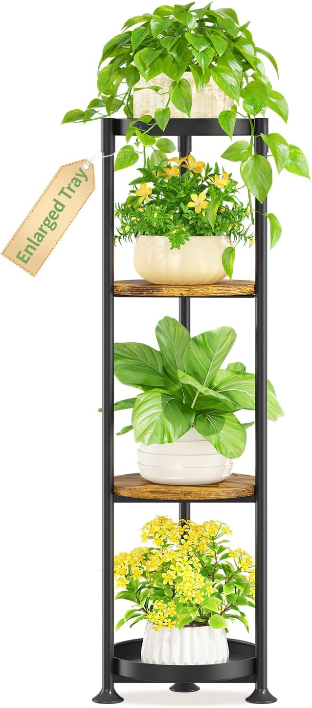 KMOTASUO 4 Tier Black Plant Stand Indoor for Large Tall Heavy Duty Planter, Multiple Sturdy Metal Flower Corner Rack for Narrow House Floor, Iron Vertical Level Round Orchi Holder Organizer, Modern