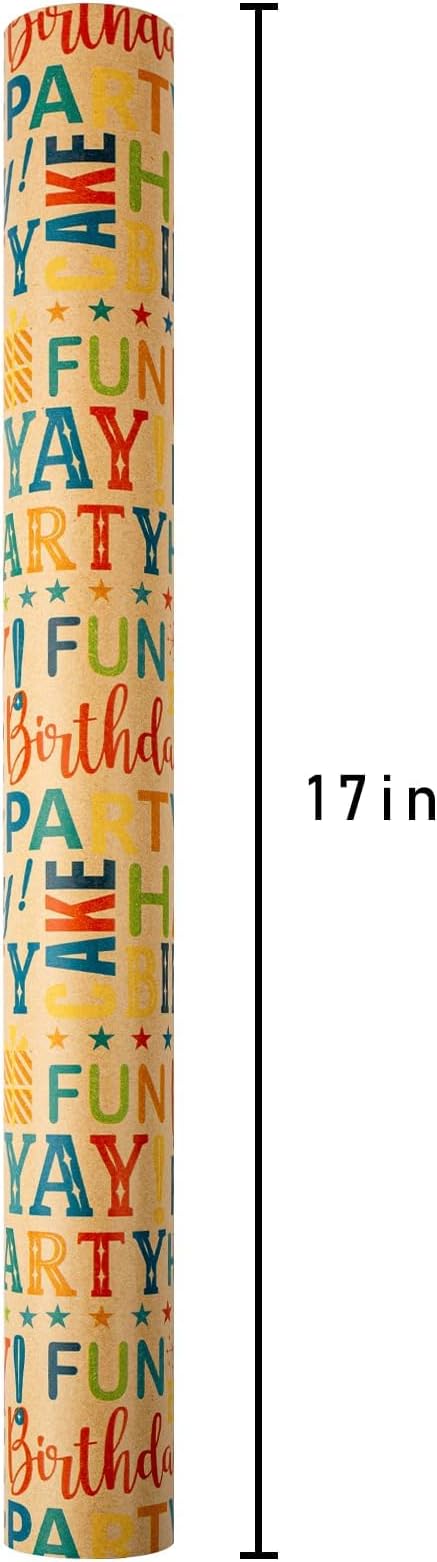 Burymento Kraft Birthday Wrapping Paper for Boys & Girls - Colorful Happy Birthday Pattern - Great for Parties & Baby Showers - Mini Roll - 17 Inches X 33 Feet