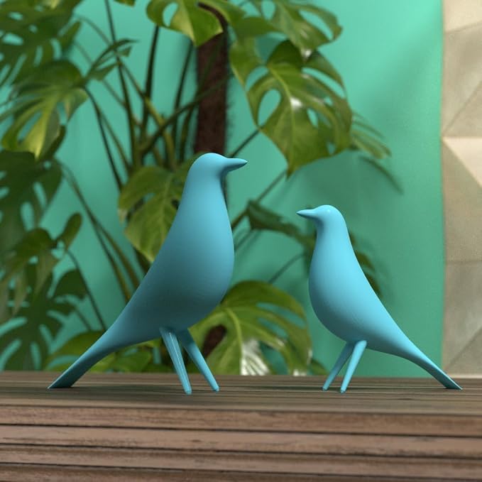 Mid Century Modern Retro Style Bird Family Decor Vintage Look Figurines 1960s 50s MCM Midmod Set of 2 Office Decoration Home Living room Gift (Light Blue)