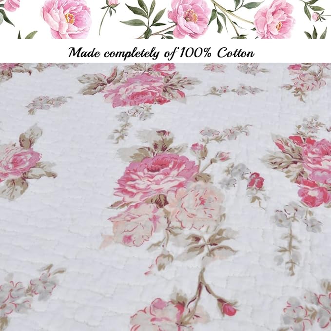 Cozy Line Home Fashions Romantic Pink Peony Floral 100% Cotton Reversible Quilt Bedding Set, Coverlet, Bedspread (Pink Peony, King - 3 Piece)