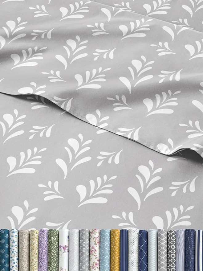 Floral Sheets - Grey & White Bed Sheet Set - 1 Flat, 1 Fitted & 2 Pillowcases w/ Deep Pockets - Comfy, Wrinkle & Fade Free - Boho Botanical Bedding - Ultra-Soft, Breathable & Cooling - Full Size Set
