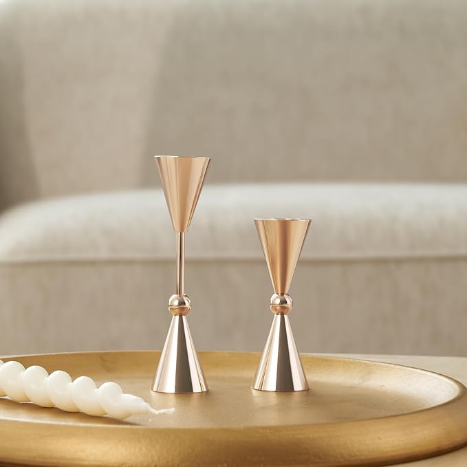 DN DECONATION Gold Taper Candle Holders Set of 2, Tapered Candlestick Holders Decor for Fall Thanksgiving Table Centerpiece Wedding Decorations, Modern Metal Candle Holder for Living Room, Mantel