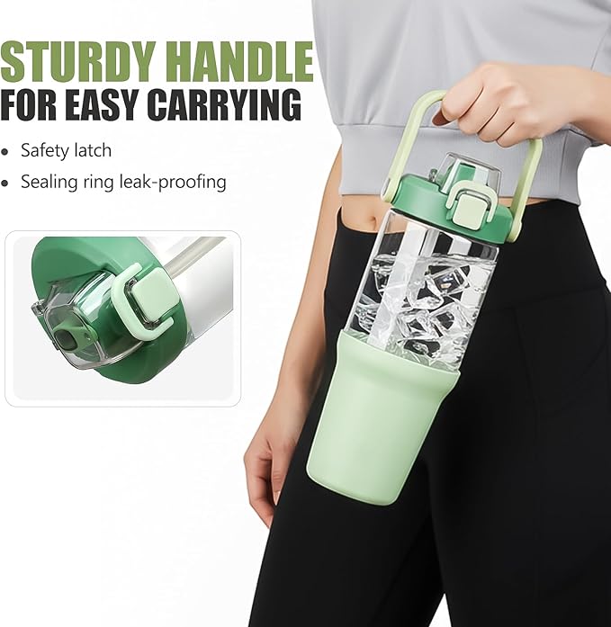 Glass Tumbler with Carry Handle, Clear Glass Water Bottle with Leakproof Lid, Spout Lid&Straw, BPA-Free, 32 oz, Light Green