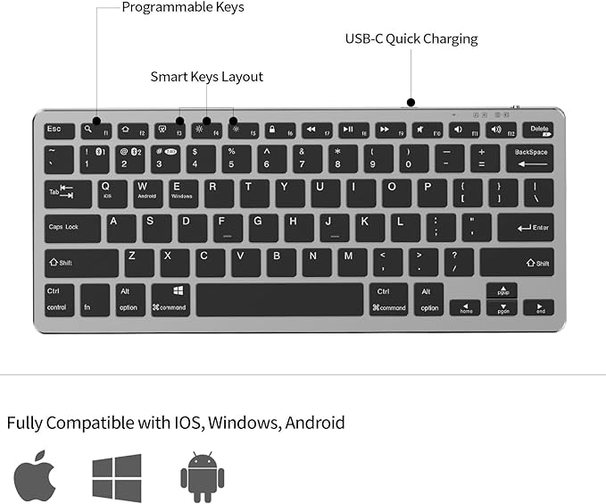 JKSML Wireless Keyboard with 78 Keys, Bluetooth and 2.4 GHz Wireless, Low Profile, Fluid Quiet Typing, 12 Programmable Keys, USB C Rechargeable, for Phone, Tablet, PC, Laptop, Smart TV - Black