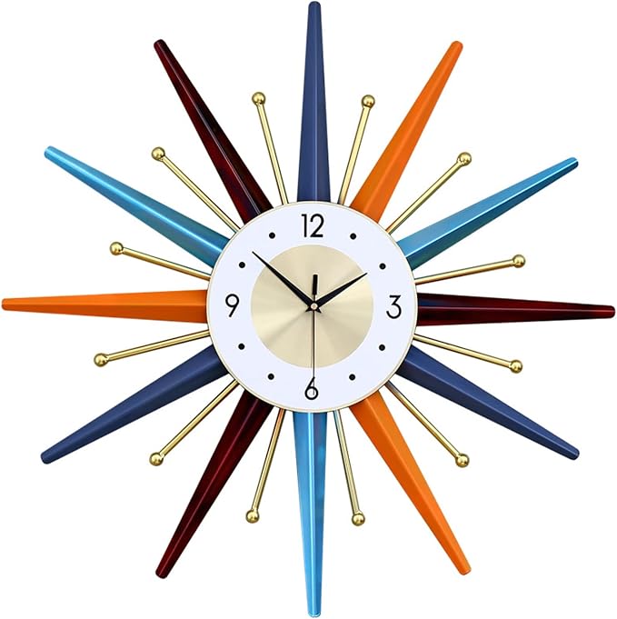 Starburst Large Wall Clock Metal Decorative,Mid Century Wall Clocks, Silent Non-Ticking Battery Operated Wall Clocks Home Décor for Living Room,Bedroom,Dining Room, Office, 22 inch