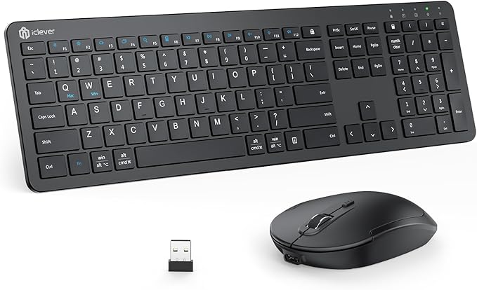 iClever GK08 Wireless Keyboard and Mouse - Ultra Slim Keyboard and Mouse Combo, Full Size Design with Number Pad, 2.4G Stable Connection Slim Keyboard and Mouse for Windows, Mac OS Computer (Black)