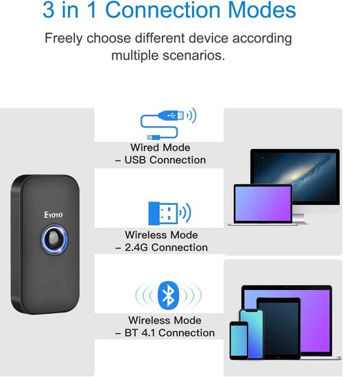 Eyoyo Mini Bluetooth Barcode Scanner - 3-in-1 Wireless & Wired Reader for Windows, Android, iOS | Portable Black