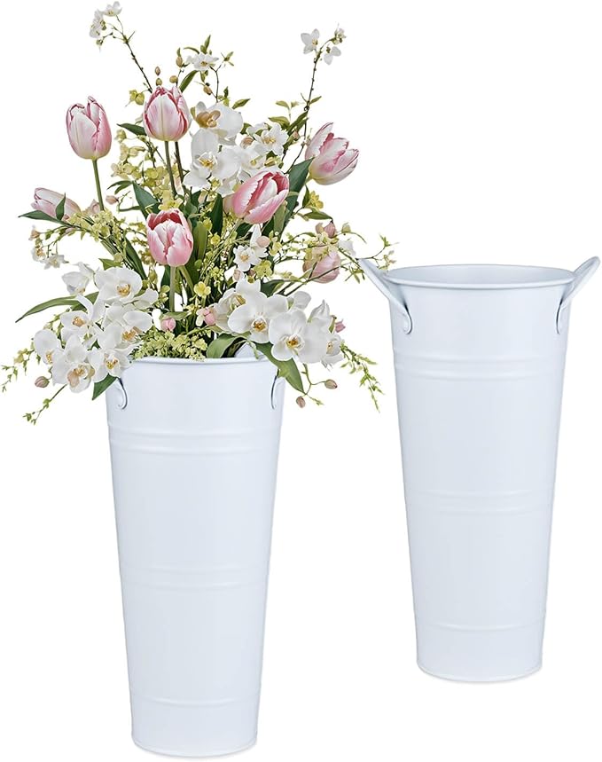9 Inch Galvanized Metal Vases for Flowers - 2 Pcs Farmhouse Decorative Tall Flower Bucket with Handles, Rustic French Tin Planter Buckets for Wedding Decor (Pure White)