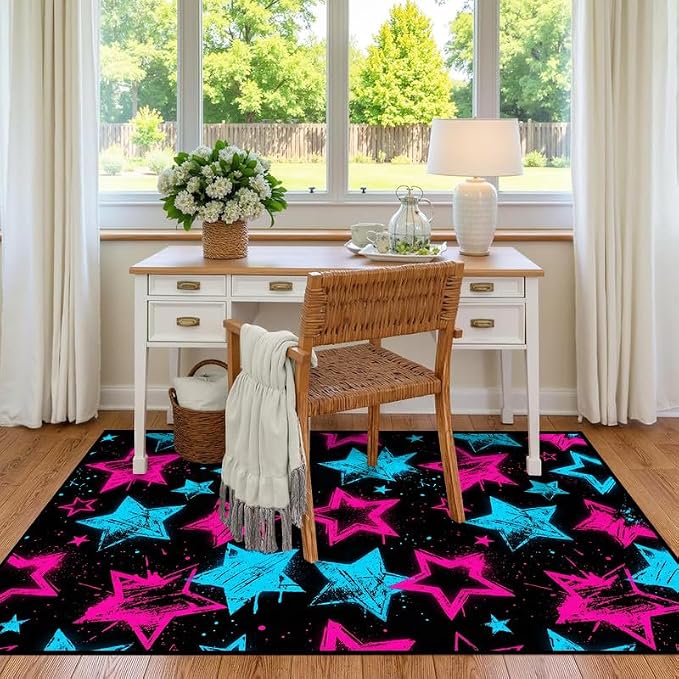 6'x9' Neon Star Area Rug Black Pink and Blue Floor Mat Abstract Star Print Rugs Washable Non-Slip Carpet for Bedroom Living Room Nursery Kitchen Playroom Home Decor
