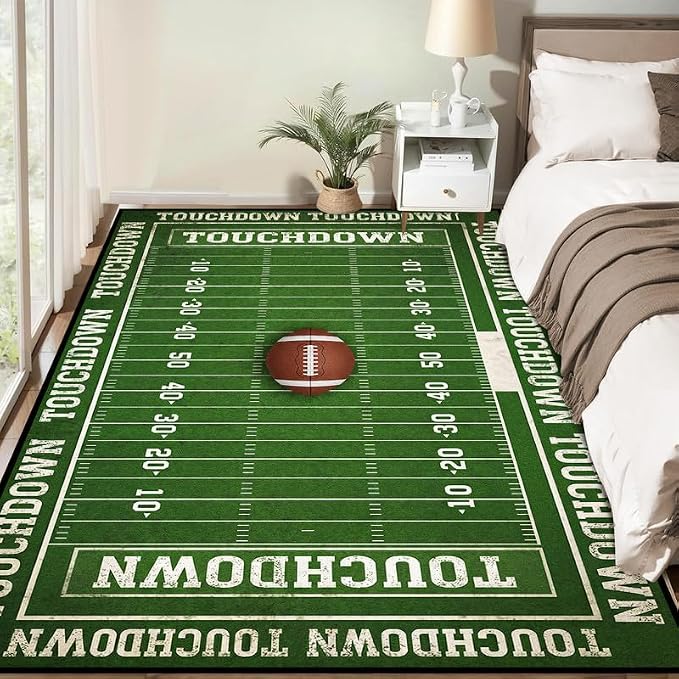 6'x9' Football Field Area Rug Sports Themed Carpet for Nursery Bedroom Playroom Classroom Living Room Home Decor Non Slip Washable Game Room Play Mat
