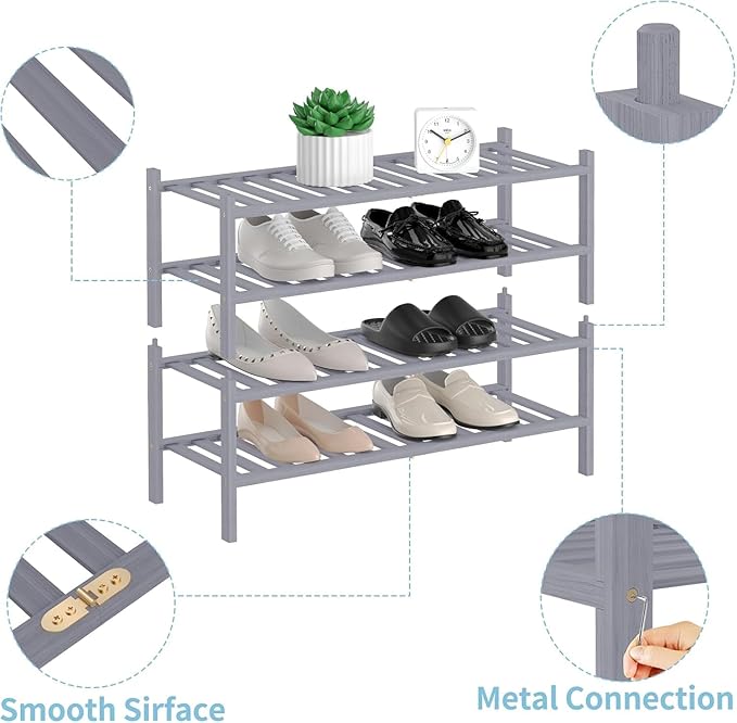 RONGJlA 4 Tier Bamboo Shoe Rack for Closet Free Standing Wood Shoe Shelf Storage Organizer for Entryway Small Space Stackable, Gray