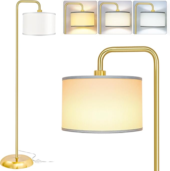 [Upgraded] LED Floor Lamp for Living Room, 3 Color Temperature Floor Lamp with Foot Switch Modern Standing Lamp Tall Pole Floor Reading Lamp for Bedroom, Study Room, Office, 9W Bulb Included, Gold