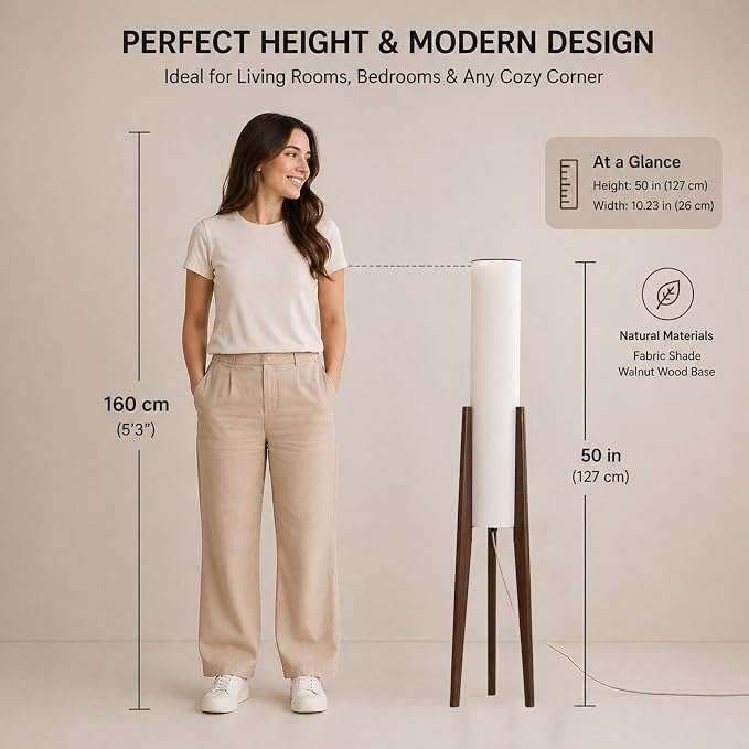 MIXL-Walnut Wood Finish Tripod Floor Lamp,Cylinder Shade Tall Standing Lamp,Rustic Living Room Floor Lamp,Mid Century Modern Standing Light for Bedroom Office
