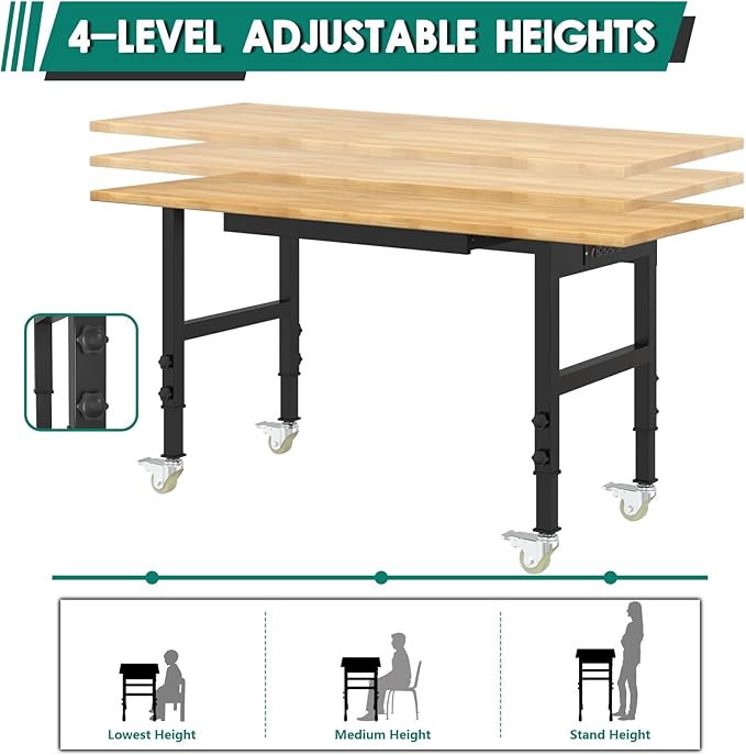 Adjustable Heavy Duty Workbench with Drawers,Rubber Wood Top Working Table, 2500 LBS Load Capacity with for Workshop and Office,etc.
