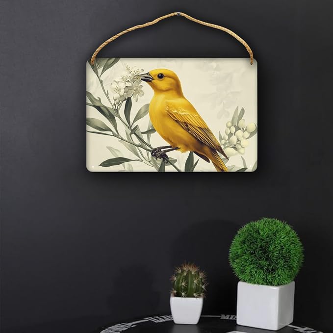 Artful Retro Yellow Bird on Blossom branches Wooden Wall Art, Botanical Home Decors for Nostalgia Seekers, 12x8 Inch Wood Sign for a Warm Living Space Touch
