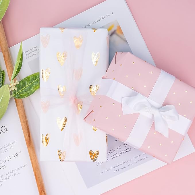 MAYPLUSS Pink Valentine's Day Wrapping Paper Roll - Mini Roll - 17in x 120in Per roll - Gray Floral,Gold foil Heart,Pink Polka Dots (3 Rolls 46.5sqft) For Birthday,Party,Girl,Wedding.Women