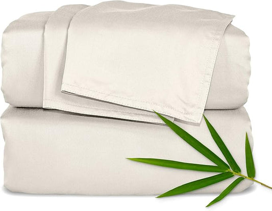 Pure Bamboo Split King Sheets, Genuine 100% Organic Viscose Derived from Bamboo Bed Sheet Set, Soft & Cooling, Double Stitching, 2 Fitted Sheets (Split King, Creme)