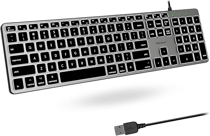 Macally Backlit Mac Keyboard - Quiet, Sleek, and Functional - 3 Brightness Levels, 107 Keys, 5ft USB Wired - Apple Keyboard - Backlit Wired for Mac, iMac, MacBook Pro/Air - Space Gray