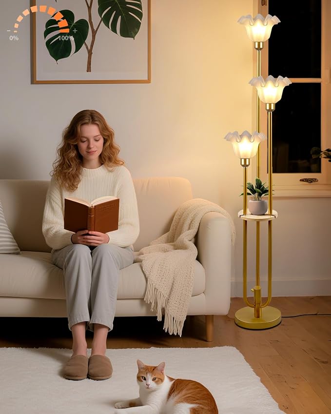 Vintage Flower Floor Lamp for Living Room, Mid Century Modern Floor Lamp Dimmable with Shelf & LED Bulbs, 3 Light 3000K Warmwhite Gold Tall Standing Lamp for Bedroom Girls Room Home Decor