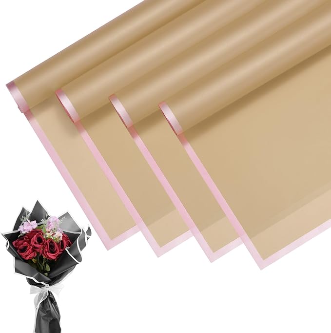 M METERXITY 20 Sheets Flower Wrapping Paper Bouquet, 23 Inch Khaki Gold Edge BOPP Waterproof Floral Wrapping Paper Flower Packaging DIY for Wedding/Party/Birthday/Gift Bouquet Wrap Paper