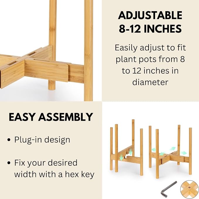 Fox & Fern Adjustable Plant Stand Indoor — 8 to 12 Inch Mid Century Bamboo Plant Stand with Adjustable Width - Plug In Design - Easy to Assemble - Two Heights - For 8, 9, 10, 11 & 12 Inch Pots