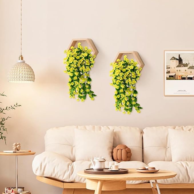 Artificial Fake Hanging Flowers Plants for Outdoor Spring Summer Decoration, 2PCS Faux Silk Violet UV Resistant Look Real Trailing Vines for Outside Home Planter Porch Patio(Yellow)
