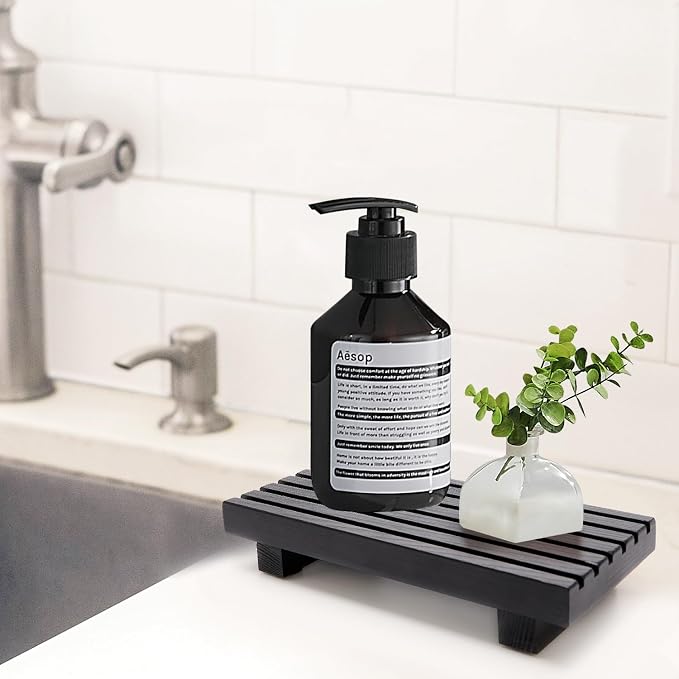 Renawe Small Black Bathroom Decor Tray for Counter Dish Soap Holder Wooden Pedestal Stand for Kitchen Sink Soap Dispenser Wood Risers Kitchen Accessories Countertop Vanity Counter Sponge Sink Tray