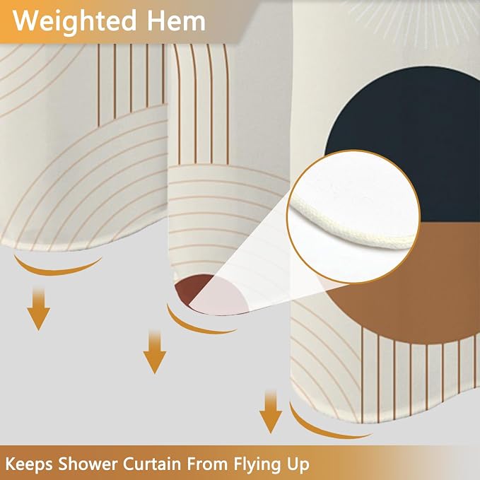 Abstract Mid Century Shower Curtain, Boho Geometric Arch Beige Retro Bathroom Shower Curtains, Morden Minimalist Hotel Style Polyester Shower Curtain, Waterproof Fabric with Hooks, 72" W x 72" L