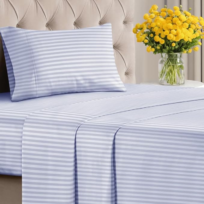 Sky Blue and White Striped Sheets - 1 Flat & 1 Fitted Sheet & 1 Pillowcase w/ Deep Pockets - Comfy, Wrinkle & Fade Resistant - Soft, Breathable & Cooling - Pinstripe Patterned Bedding - Twin Size