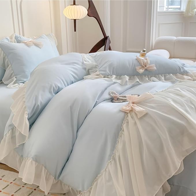 Chic Lace Bedding,Girls Twin Aesthetic Comforter Cover Set,Romantic French Princess Style Ruffled Duvet Cover with Lovely Bow with Zipper Closure-Blue,Twin