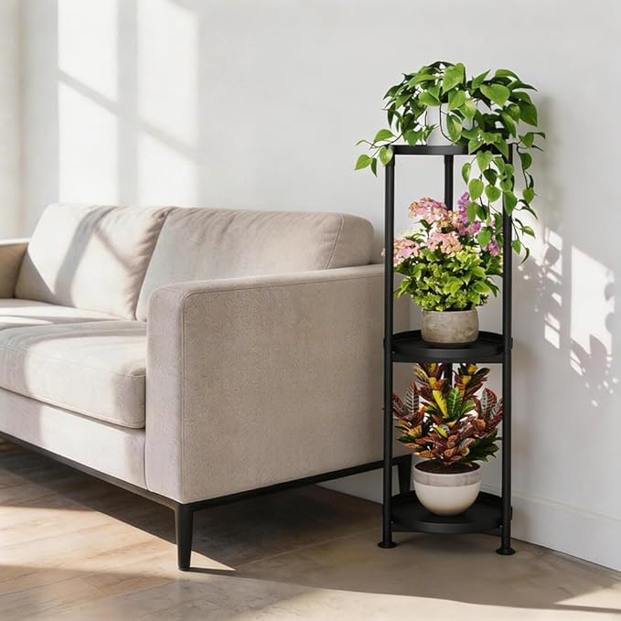 3 Tier Plant Stand Indoor Outdoor - 34'' Extra-Tall Metal Plant Stands for Potted Plants Multiple Tiered Plant Shelf Vertical Black Iron Planter Rack Large Flower Pot Holder Table for Patio Corner