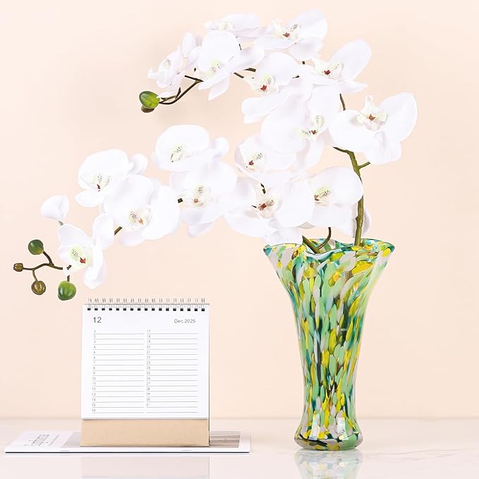 9.0"H Green Glass Vases for Flowers, Unique Hand Blown Glass Vase Green Gold Home Decor, Wide Mouth Colorful Flower Vase Centerpieces, For Living Room Table Bookshelf, Bathroom Office Shelf Decorative