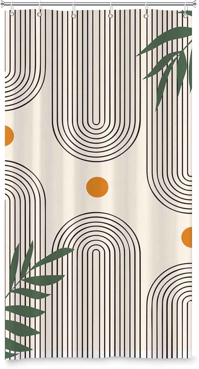 Boho Mid Century Shower Curtain Bohemian Minimalist Geometric Arch Sun Bathroom Curtain Sage Green Plant Polyester Shower Curtain Sets for Bathroom Extra Long 54x72 in with 10 Hooks